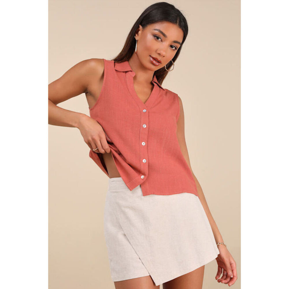 Lulus Casual Contentment Terracotta Linen Button-up Collared Tank Top
